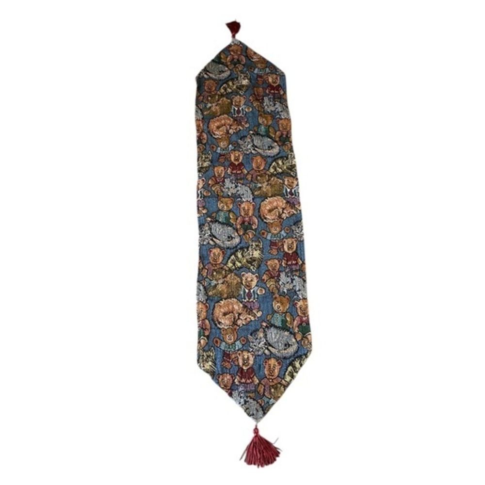 Vintage Teddy Bear & Cats Patterned Table Runner with Tassels